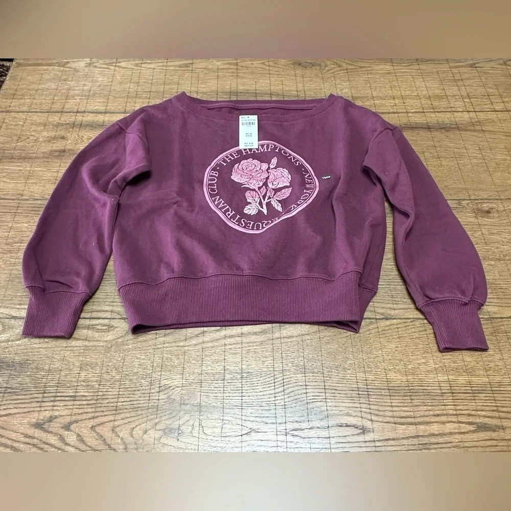Abercrombie Kids Deep Plum Off the Shoulder Graphic Sweatshirt NWT YOUTH 13/14